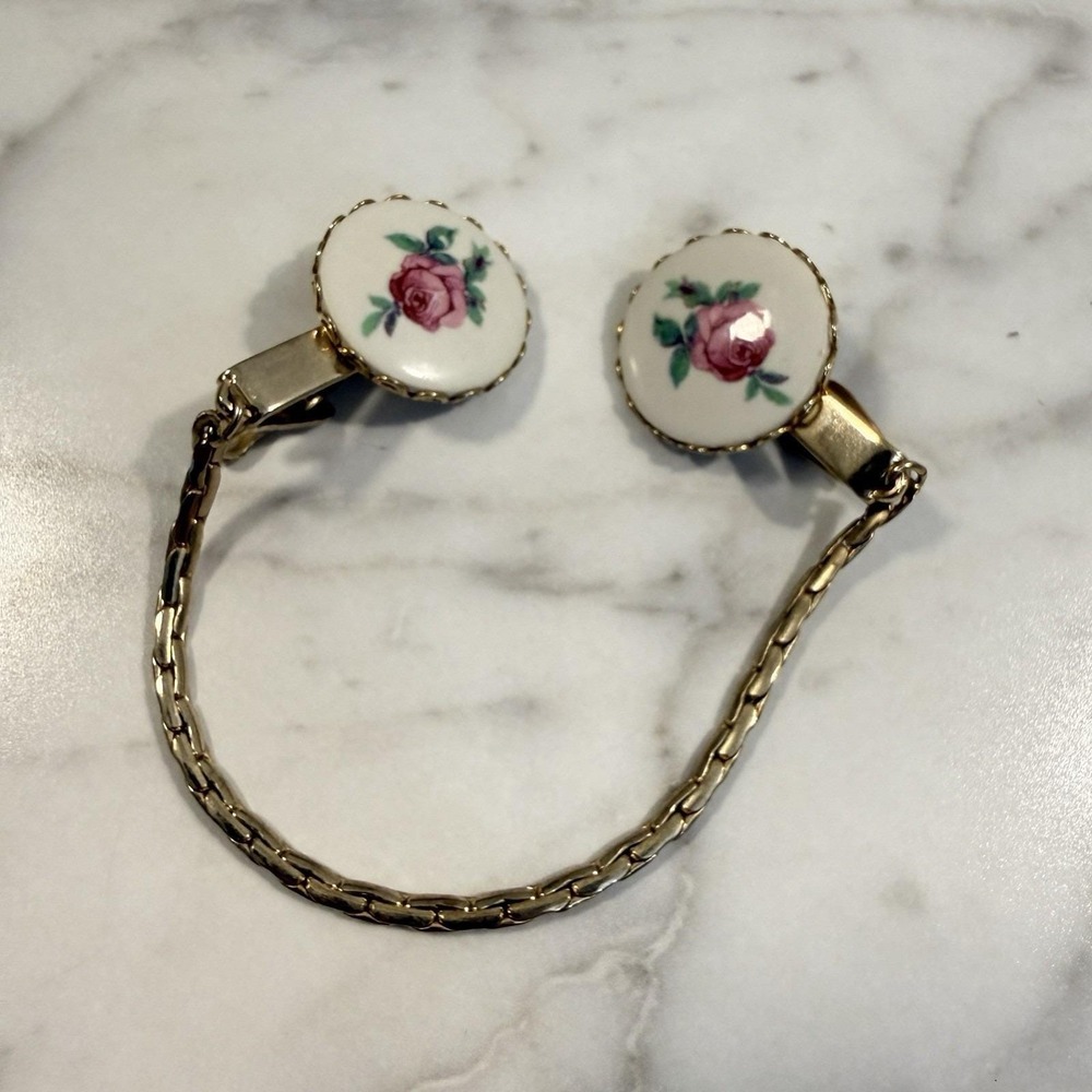 Vintage Porcelain Pink Rose Flower Sweater Dress Guard Clips Patent Number